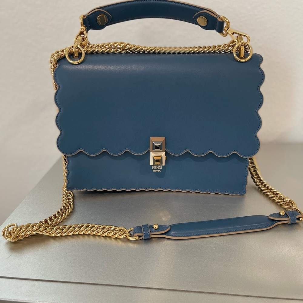 COPY - Fendi Kan I Scalloped Bag in Blue Vernice Leather